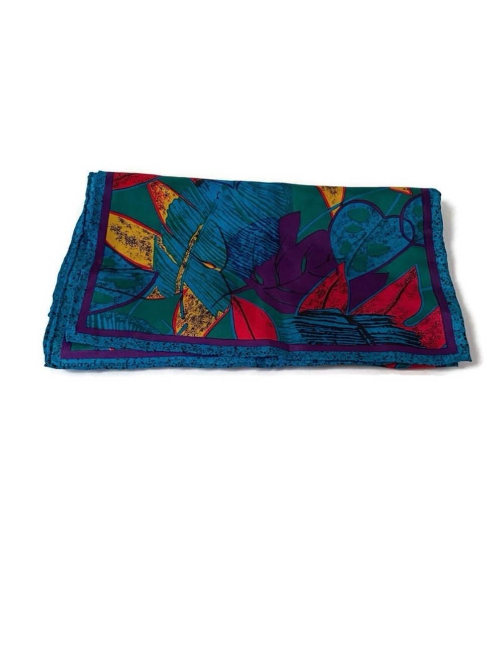 HARVE BENARD SCARF BLUE RED LEAF PRINT SILK VINTAGE LONG RECTANGLE ACCESSORY